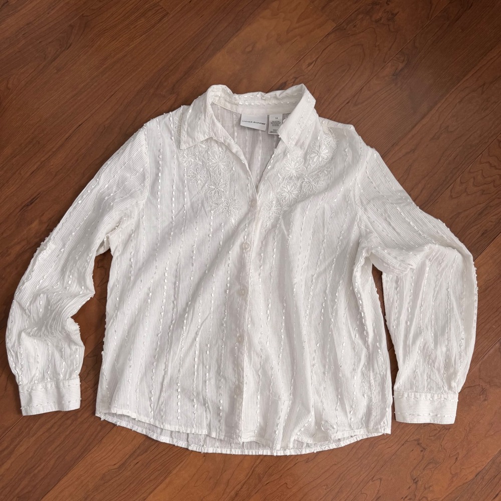 Alfred Dunner White Embroidered Button Down Blouse Long Sleeve 14 Cottagecore